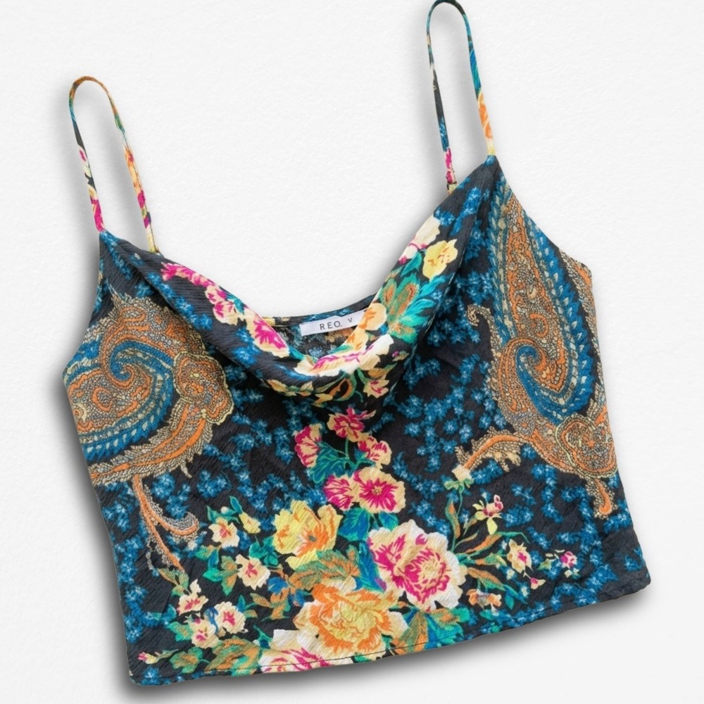 ONeill Floral Paisley Cowl Neck Cami Top Womens Small Boho Cropped Tank Strappy
